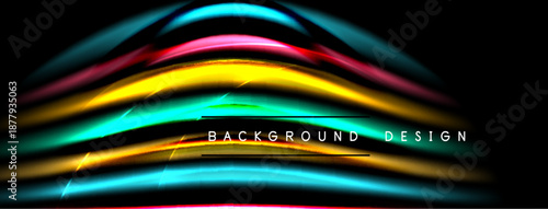 Abstract vibrant lines create flowing wave pattern. Bright colors contrast dark background. Modern design element.