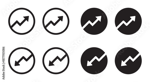 Uptrend and Downtrend Financial Icons Representing Growth and Loss with Green Upward Arrows and Red Downward Arrows in Circular Design