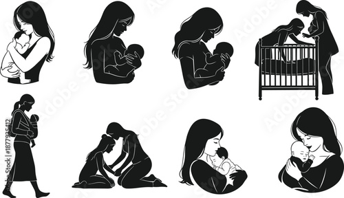 Silhouette vector illustration of mother and baby bonding moments including breastfeeding, hugging, walking, and nurturing care in various emotional and natural poses