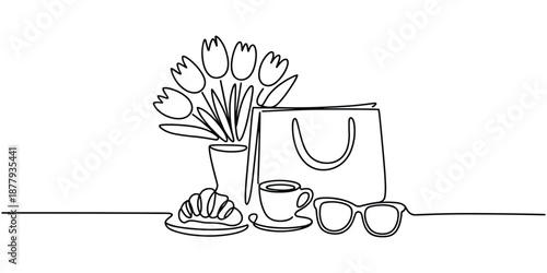 A continuous line drawing depicts a delightful morning scene with tulips coffee a croissant sunglasses and a shopping bag Illustration