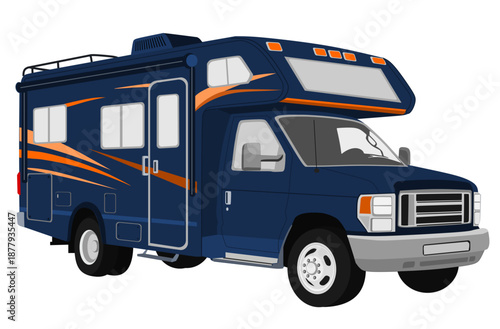 Modern Blue Recreational Vehicle (RV) Vector Illustration, vector illustration of a dark blue Class C motorhome