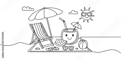 A cheerful cartoon sun wearing sunglasses shines on a beach scene with a deck chair and umbrella Illustration