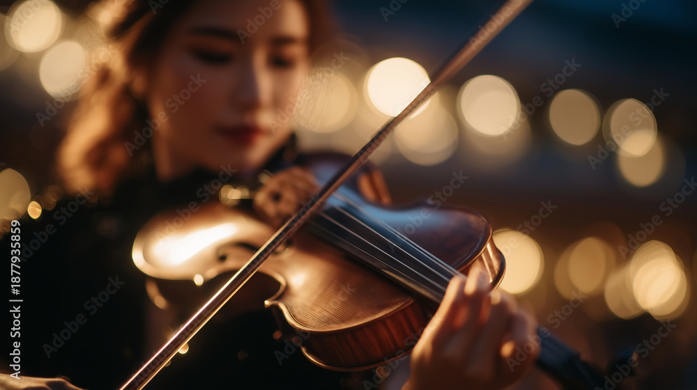 Fototapeta premium Indoor studio shot of a woman playing violin, detailed view of strings, bow, and hand positions, warm light bouncing off wooden surfaces, serene artistic environment, cinematic qua