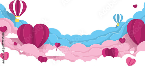 Vibrant paper-cut style illustration featuring an ethereal sky scene with floating hearts, romantic hot air balloons, and soft clouds, perfect for love-themed designs