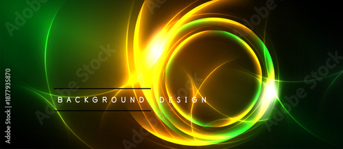 Abstract neon lights form circular shapes. Green, yellow hues dominate dark background. Text reads background design. Vibrant energy radiates from glowing elements.