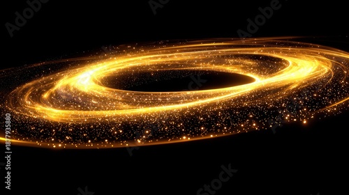 Golden light swirls in an elliptical vortex against a stark black backdrop
