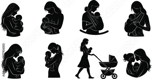 Silhouette vector illustration of mother with baby in various caregiving poses including stroller walking, babywearing, hugging, and nurturing moments in black and white