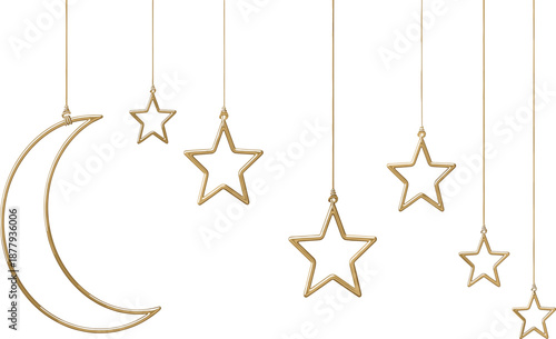 Golden crescent moon and hanging star outlines border vector illustration