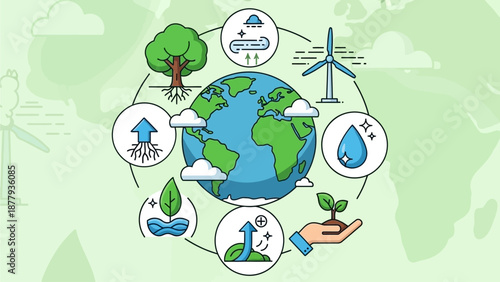 Global Environmental Protection and Renewable Energy Concept Vector Illustration with Earth, Nature Icons, Water, Wind and Sustainability Symbols
