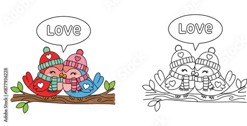 Cute birds couple in winter hats sitting on branch coloring page vector illustration for valentine day and kids education.