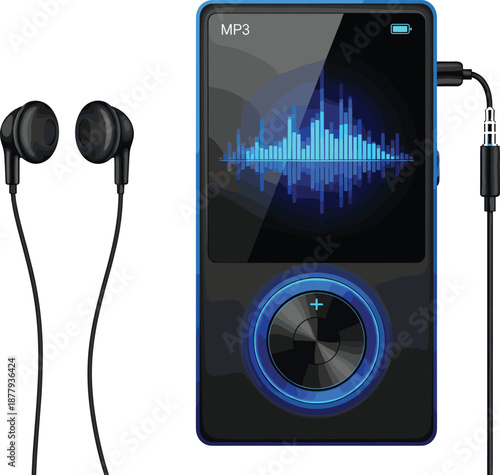 Portable MP3 Music Player Vector Illustration with Earphones, Digital Audio Interface, Sound Wave Display, and Modern Media Device Design for Technology and Music Projects