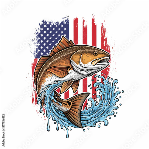 Red drum fish jumping with splashing water and American flag background