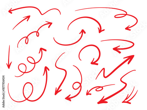 シンプルなペンの手書きの矢印セット ベクター 赤