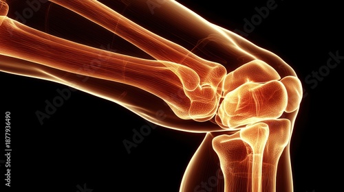 Illuminated, translucent, stylized human arm bones, viewed against a black backdrop