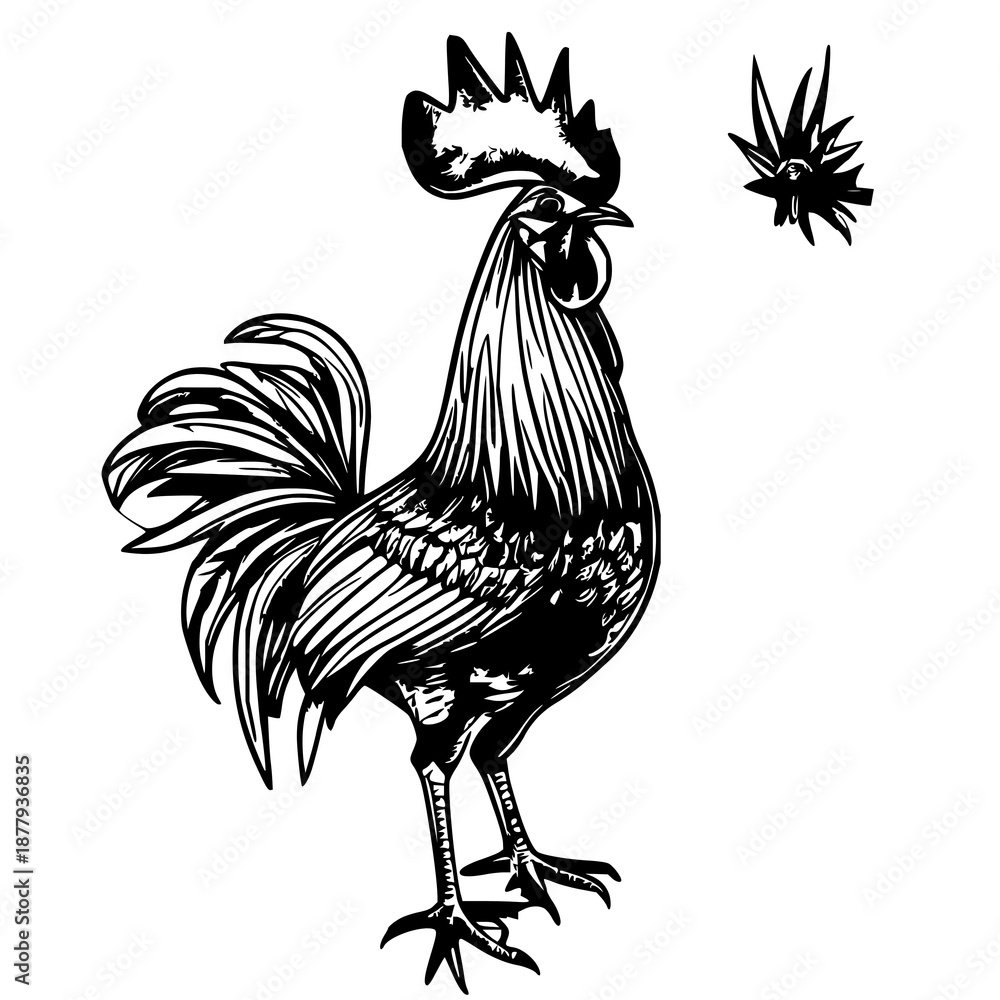 Black line art illustration of a weather vane rooster perched on a pole, stylized minimalist design for backgrounds, merchandising, or thematic decor