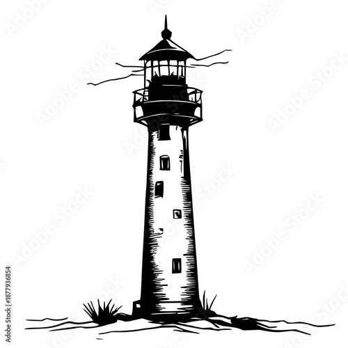 Black line art illustration of a vintage lighthouse lamp with nautical details, ideal for maritime design, lighting concept, and coastal decor.