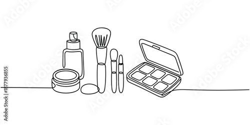 Minimalist continuous line drawing of various makeup products and brushes isolated on a white background Illustration