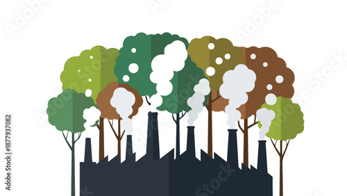 An illustration of industrial smokestacks emitting pollution amidst trees with green and brown leaves, symbolizing deforestation and environmental impact.