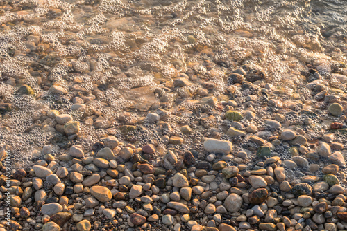 Gentle waves wash over smooth pebbles along the shoreline of Gimli, Manitoba, Canada on Lake Winnipeg, glowing in warm natural light on a sunny fall day