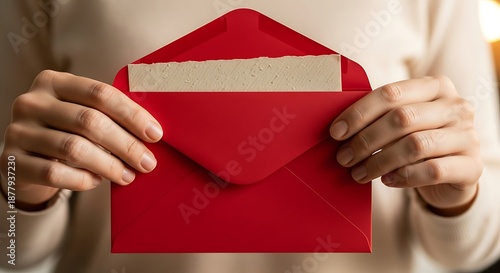 A person's hands delicately opening a bright red envelope to reveal a blank card, ready for a personal message, invitation, or heartfelt greeting, symbolizing important communication