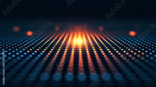 A vibrant abstract image featuring a grid of illuminated dots in blue and orange hues, creating a sense of depth and movement.