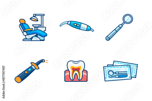 Dental cartoon icons on a dark background