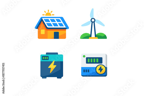 Renewable energy icons: house, windmill, battery, meter