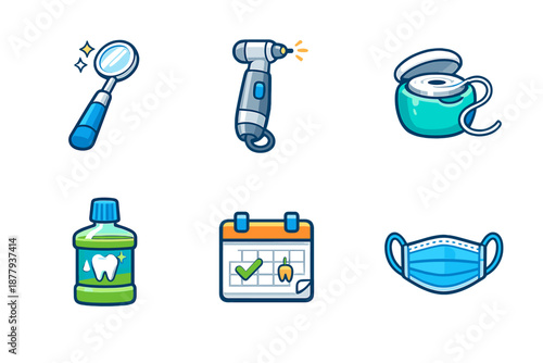 Dental care icons: mirror, drill, floss, mouthwash, calendar, mask