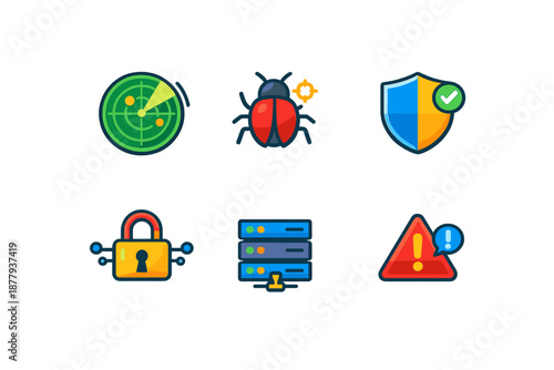 Cybersecurity icons: Radar, bug, shield, lock, server, warning