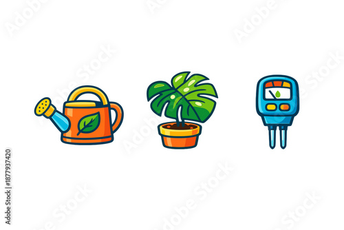 Gardening tools and plant icons with glowing effect