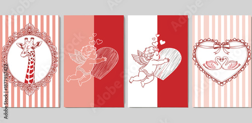 Romantic illustrations celebrating love, featuring cupids, swans, and a giraffe in decorative heart frames with stripe patterns, ideal for heartfelt greetings