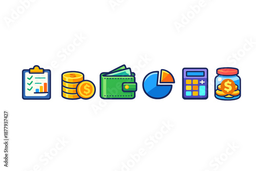 Financial icons: clipboard, coins, wallet, pie chart, calculator