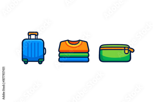 Set of travel icons: suitcase, folded clothes, and toiletry bag