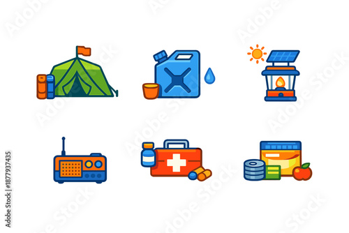 Survival kit icons: tent, fuel, lantern, radio, first aid, food