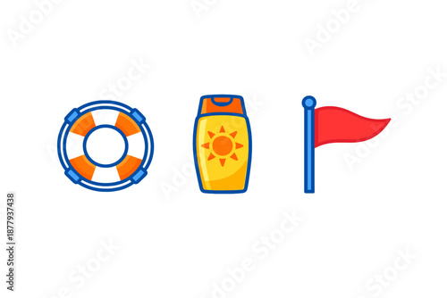Lifebuoy, sunscreen and flag icons with neon glow