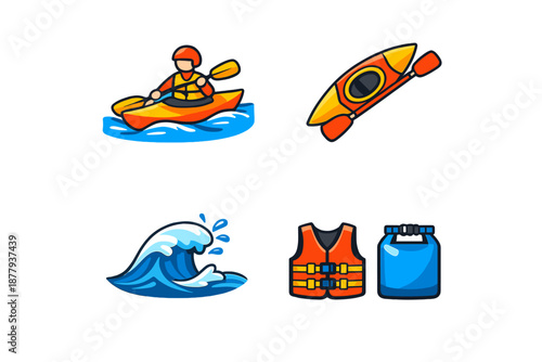 Kayaking equipment and water wave icons on black background