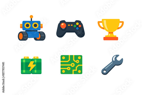 Collection of technology and gaming icons with glowing effect