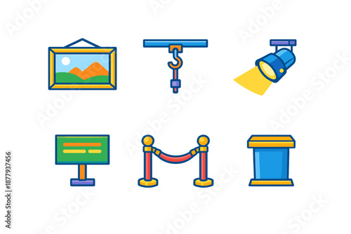 Museum icons: painting, spotlight, display stand, barrier rope