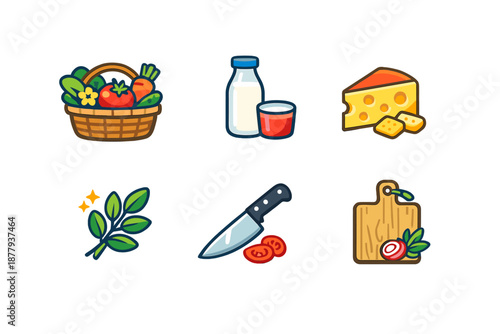 Healthy Food Ingredients and Cooking Utensils Icons
