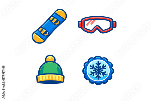 Winter sports icons: snowboard, goggles, hat, and snowflake