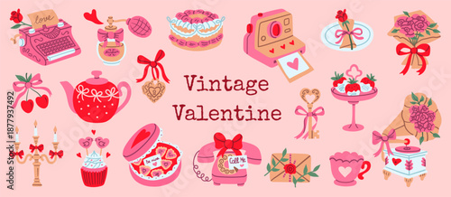 Large collection of vintage Valentine's Day elements including retro camera, telephone, teapot, perfume, chocolates, and flowers in pink and red colors