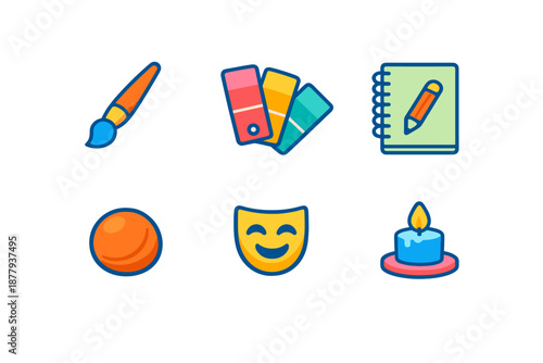 Set of creative icons: paintbrush, color palette, notebook, ball