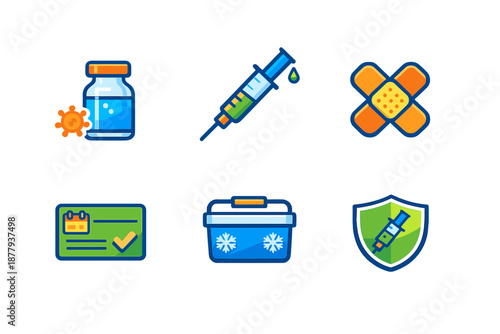 Vaccine icons: vial, syringe, band-aid, card, cooler, shield