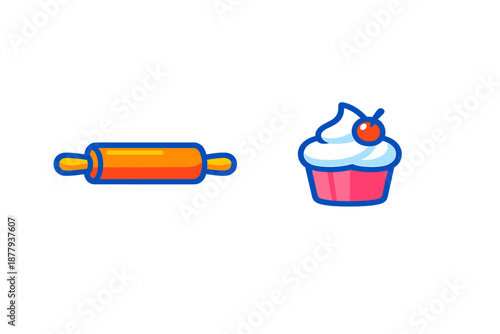 Rolling pin and cupcake with bright neon glow