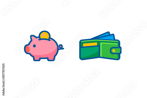 Piggy bank and wallet icons with glowing blue outline on dark