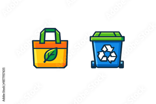 Eco-friendly reusable bag and recycling bin icons