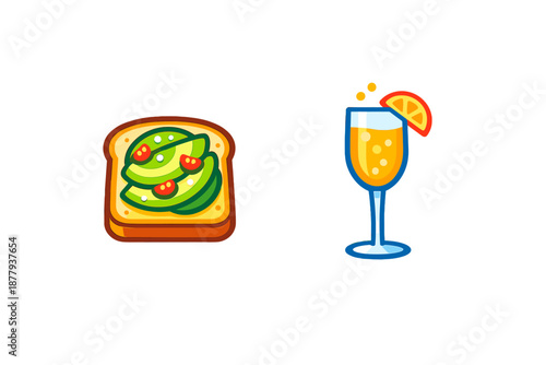 Avocado toast and orange juice in a glass with orange slice