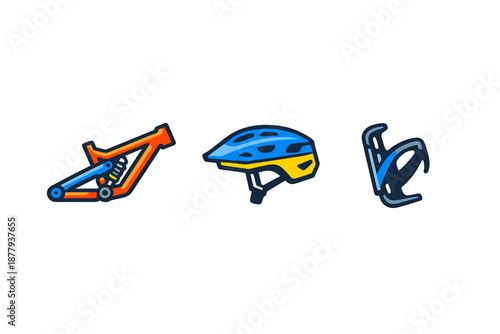 Bicycle parts icons: frame, helmet, water bottle cage