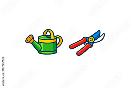 Watering can and pruning shears on a dark background