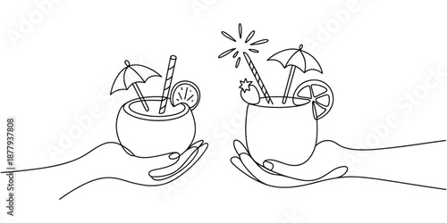 Two hands hold tropical drinks decorated with umbrellas and citrus slices for a festive summer vacation Illustration